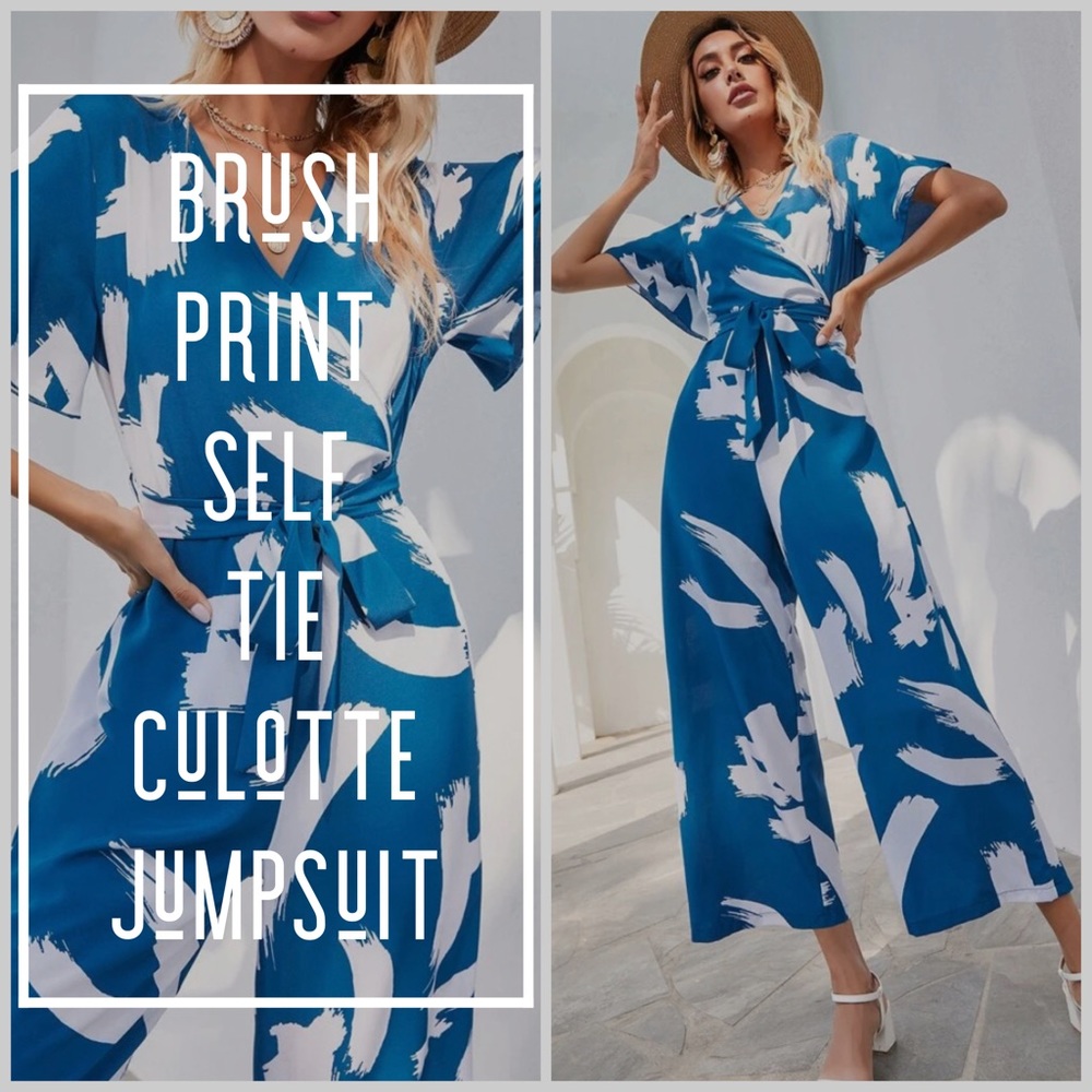 NWOT: Brush Print Self Tie Culotte Jumpsuit
